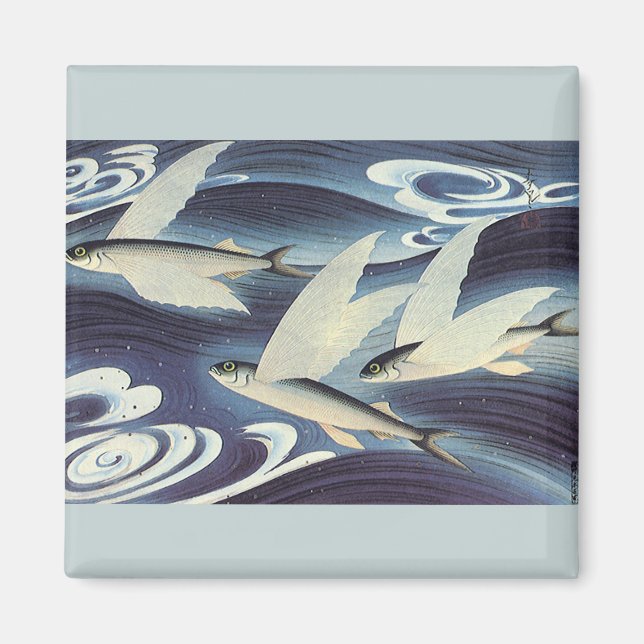 Vintage Japanese Flying Fish in Ocean, Japonism Magnet (Front)