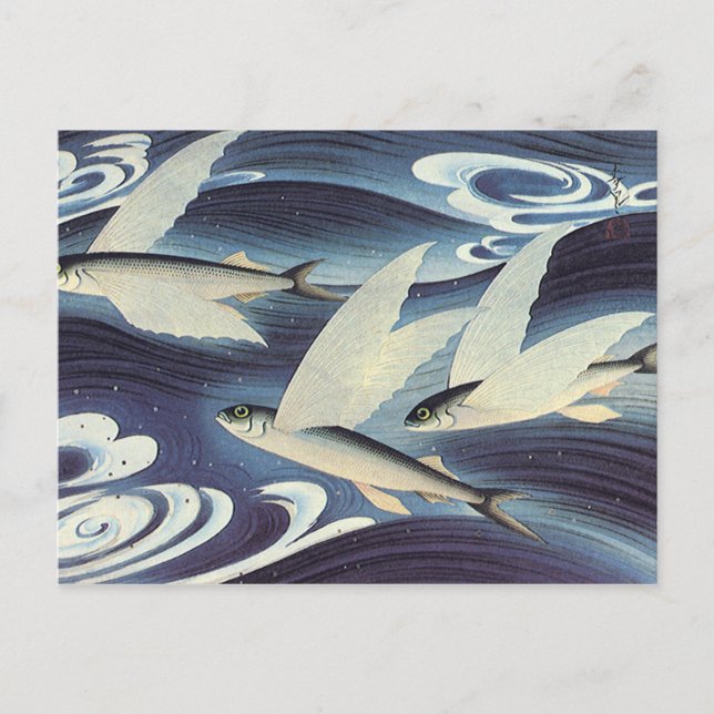 Vintage Japanese Flying Fish in Ocean, Japonism Postcard (Front)