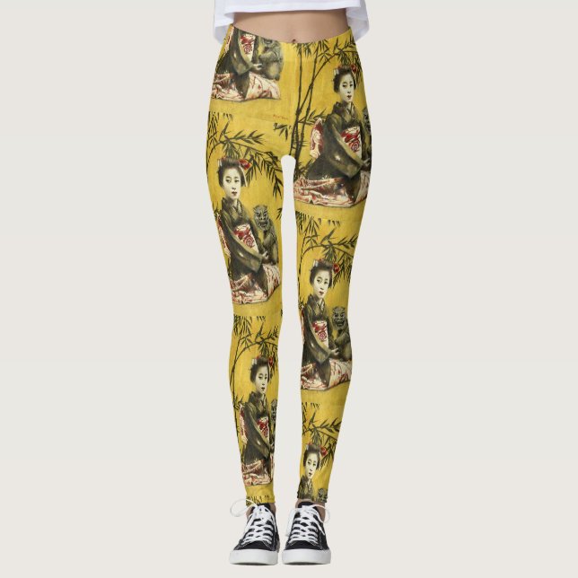 Vintage Japanese Geisha And Demon Leggings (Front)