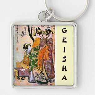 Vintage Japanese Geisha Art Customisable Text Key Ring