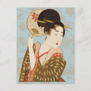 Vintage Japanese Geisha Girl in Kimono with Fan Postcard