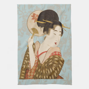 Vintage Japanese Geisha Girl in Kimono with Fan Tea Towel