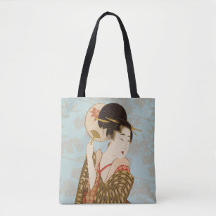 Vintage Japanese Geisha Girl in Kimono with Fan Tote Bag