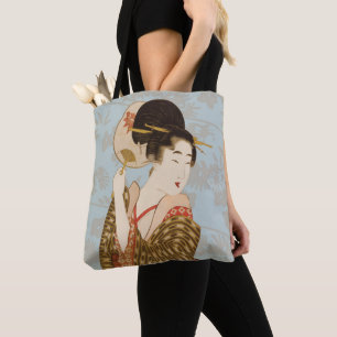 Vintage Japanese Geisha Girl in Kimono with Fan Tote Bag