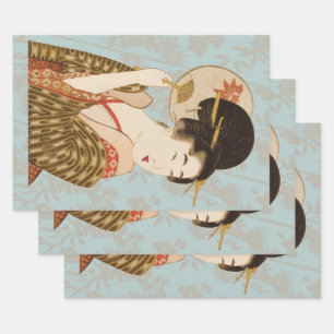 Vintage Japanese Geisha Girl in Kimono with Fan Wrapping Paper Sheet