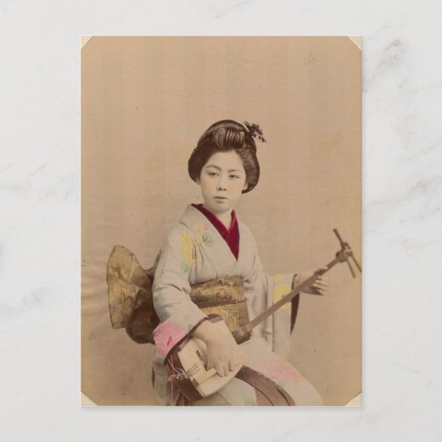 Vintage Japanese Geisha Playing Shamisen Postcard (Front)