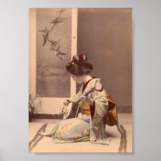 Vintage Japanese geisha playing the shamisen Poster
