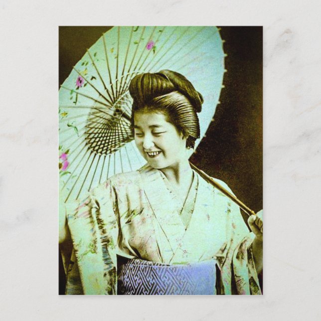 Vintage Japanese Geisha Posing Favourite Parasol Postcard (Front)