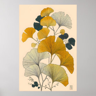 Vintage Japanese Ginkgo Art Print Minimalist Gold