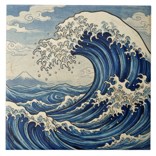 Vintage Japanese Great Wave & Mount Fuji Ceramic Tile
