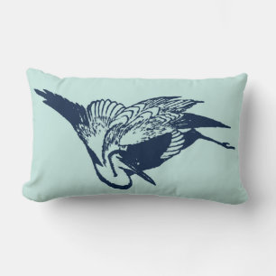 Vintage Japanese Ink Drawing of a Crane in Blue Lumbar Cushion