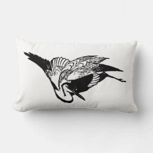Vintage Japanese Ink Drawing of a Crane Lumbar Cushion