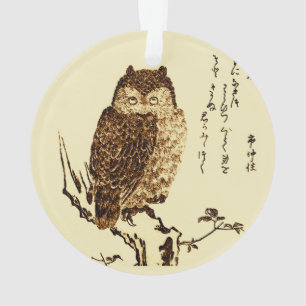 Vintage Japanese Ink Sketch of an Owl Ornament