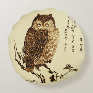 Vintage Japanese Ink Sketch of an Owl Round Cushion