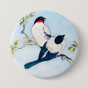 Vintage Japanese Ink Sketch of Finches 7.5 Cm Round Badge