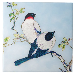 Vintage Japanese Ink Sketch of Finches Ceramic Tile