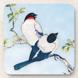 Vintage Japanese Ink Sketch of Finches Coaster
