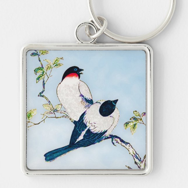 Vintage Japanese Ink Sketch of Finches Key Ring (Front)