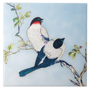 Vintage Japanese Ink Sketch of Finches Tile