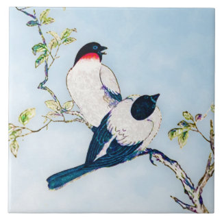 Vintage Japanese Ink Sketch of Finches Tile