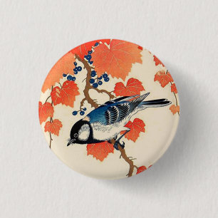 Vintage Japanese Jay Bird and Autumn Grapevine 3 Cm Round Badge