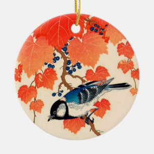 Vintage Japanese Jay Bird and Autumn Grapevine Ceramic Tree Decoration