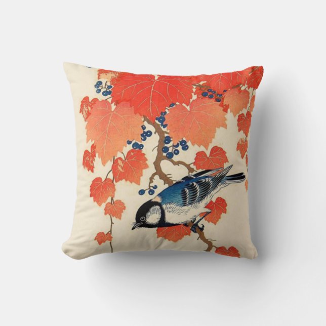 Vintage Japanese Jay Bird and Autumn Grapevine Cushion (Front)