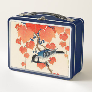 Vintage Japanese Jay Bird and Autumn Grapevine Metal Lunch Box
