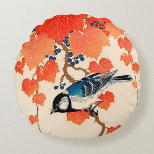 Vintage Japanese Jay Bird and Autumn Grapevine Round Cushion