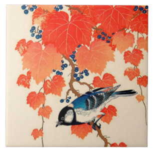 Vintage Japanese Jay Bird and Autumn Grapevine Tile