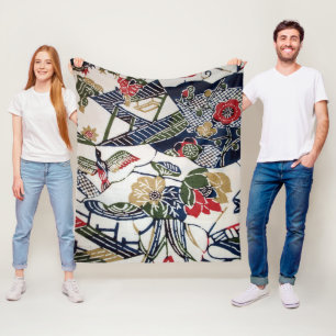 Vintage Japanese Kimono Textile (Bingata) Fleece Blanket