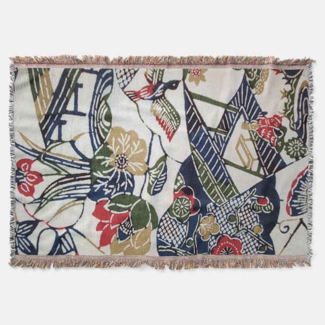 Vintage Japanese Kimono Textile (Bingata) Throw Blanket (Front)