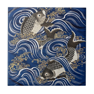 Vintage Japanese Koi Carp Waves Ceramic Tile