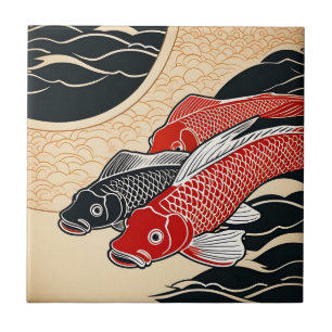 Vintage Japanese Koi Fish Ceramic Tile