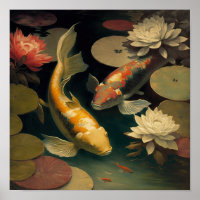 Vintage Japanese Koi Fish Pond Art Print Poster