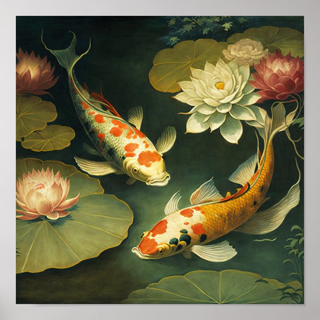 Vintage Japanese Koi Fish Pond Art Print Poster (Front)