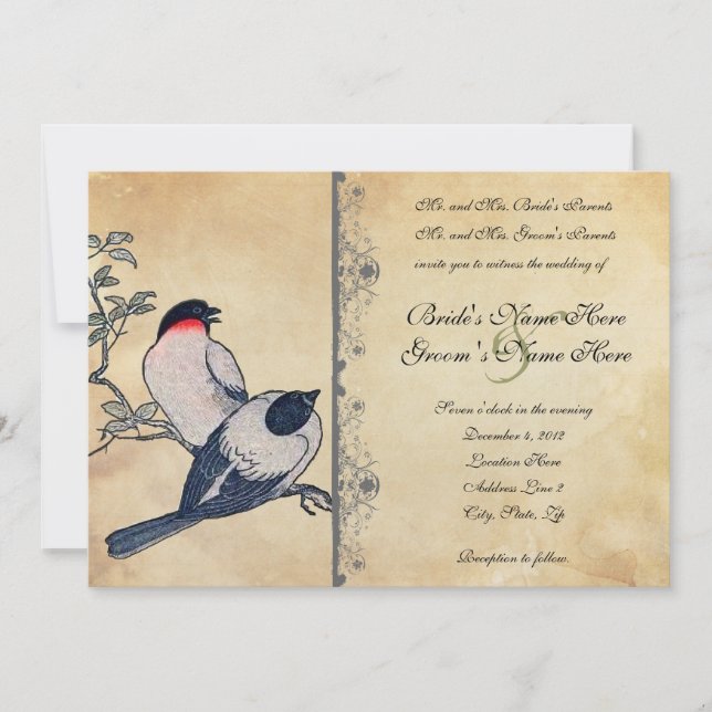Vintage Japanese Lovebirds Wedding Invitation (Front)