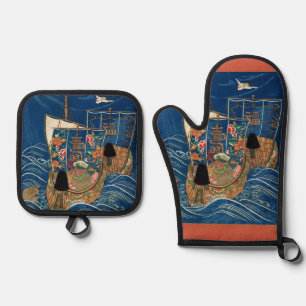 Vintage Japanese Lucky Treasure Ship G.A. Audsley Oven Mitt & Pot Holder Set