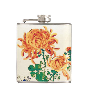 Vintage Japanese Painting of Chrysanthemums Hip Flask