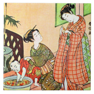 Vintage Japanese Painting of Two Woman Talking Ceramic Tile