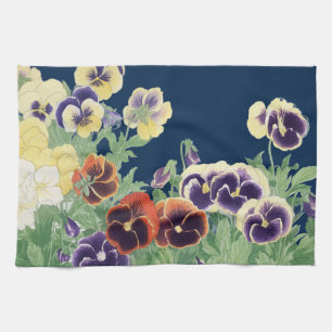 Vintage Japanese Pansy Flower Ukiyo-e Botanical Tea Towel