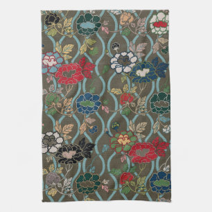 Vintage Japanese Peony Ogee Floral Pattern Tea Towel