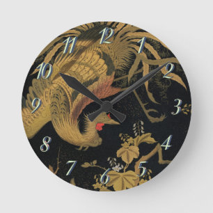Vintage Japanese Phoenix Gold Black Bird Round Clock