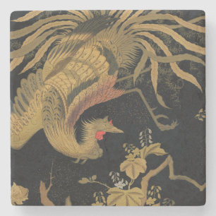 Vintage Japanese Phoenix Gold Black Bird Stone Coaster