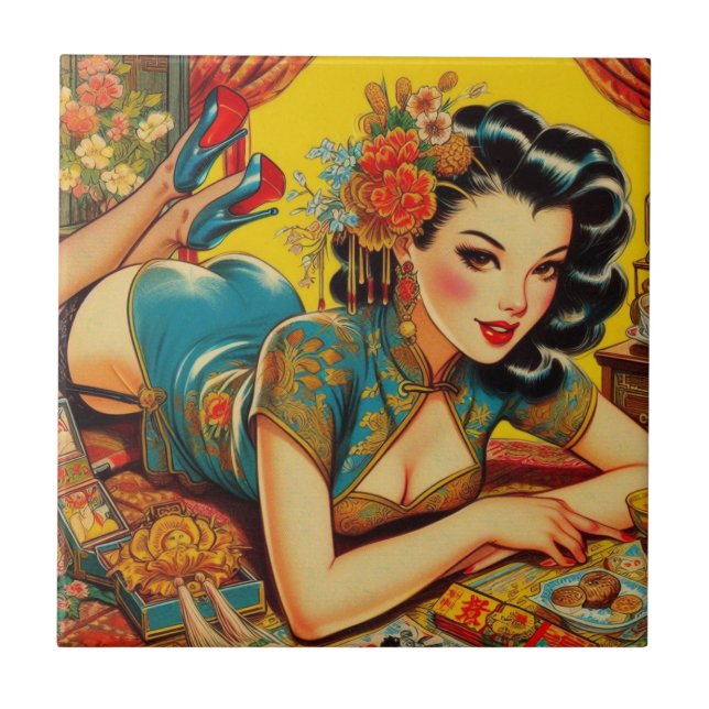 Vintage Japanese Pin Up Ceramic Tile (Front)