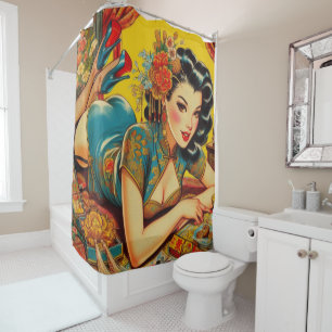 Vintage Japanese Pin Up Shower Curtain