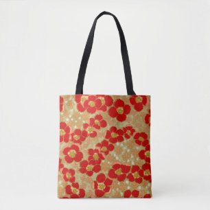 Vintage Japanese Red Gold Floral All Over Print Tote Bag