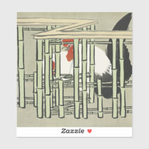 Vintage Japanese Rooster Behind Bamboo Fence Art