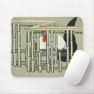 Vintage Japanese Rooster Behind Bamboo Fence Art Mouse Pad