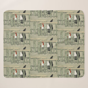 Vintage Japanese Rooster Behind Bamboo Fence Art Sherpa Blanket